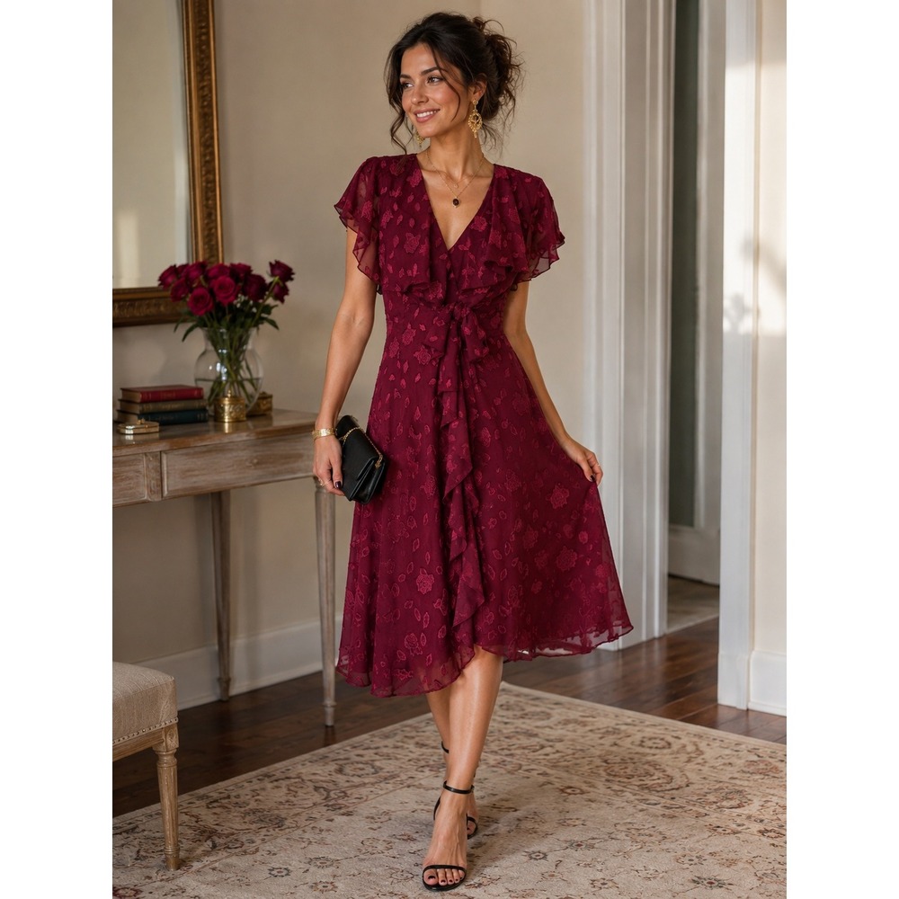 80s Slip/Dress 2piece Set Women 10 (6) Burgundy Floral Burnout Ruffle Whimsigoth